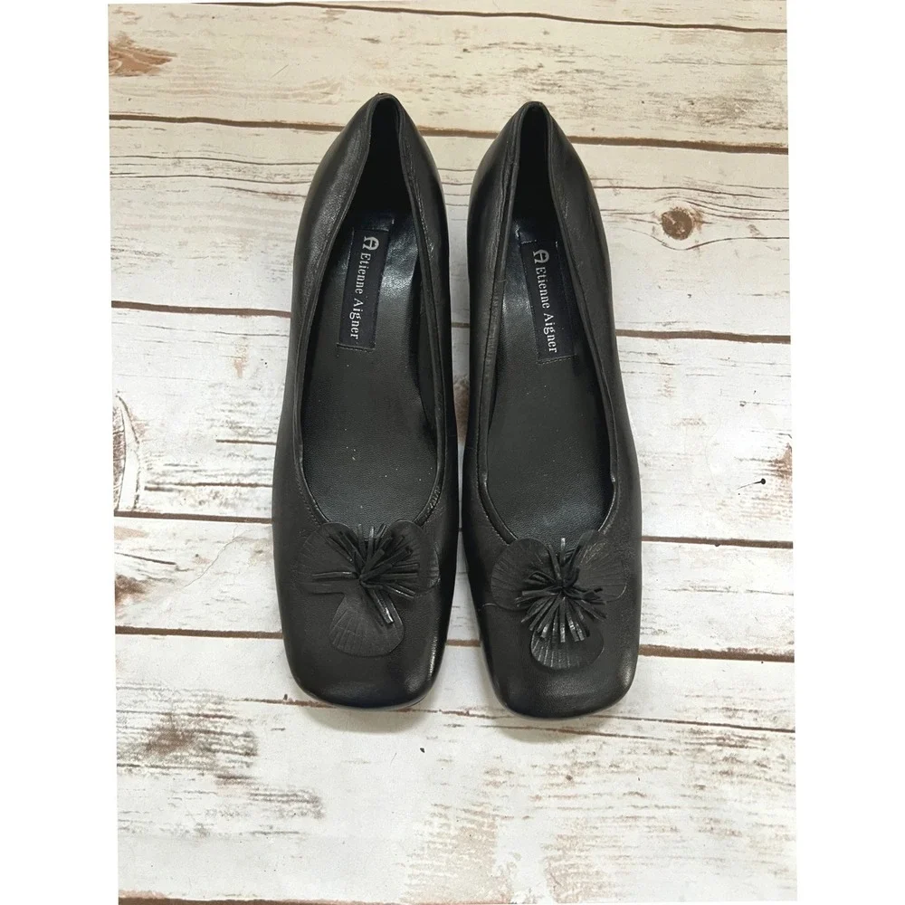 Etienne Aigner Gardener Flats Black Leather Floral Tassel Square Toe 10M